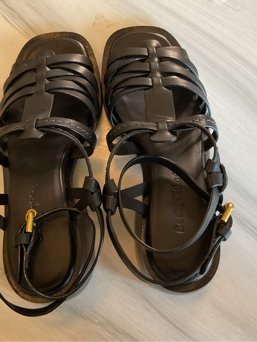 Chloe Black Strappy Leather Gladiator Sandals with Gold Buckle - Picture 6 of 7
